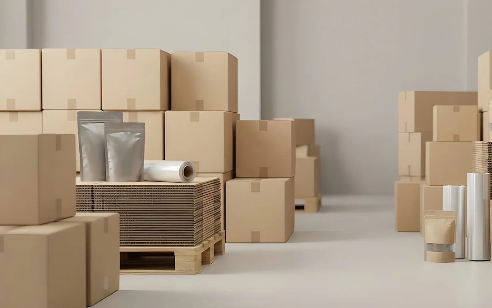Compacte voorraad met dozen en verpakkingsmateriaal