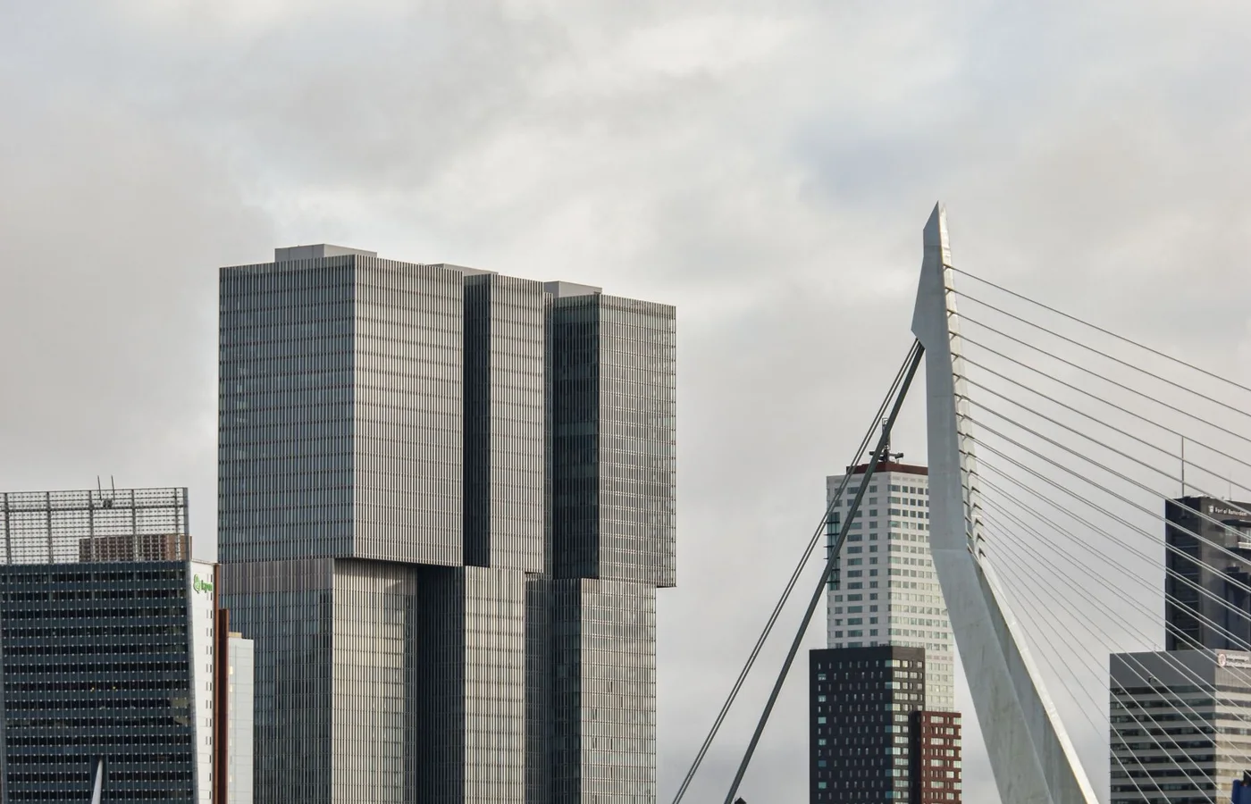 Erasmusbrug en skyline van Rotterdam aan de Nieuwe Maas
